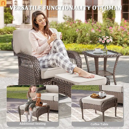 Outdoor Ottoman PE Wicker Steel Beige Cushion Set of 2
