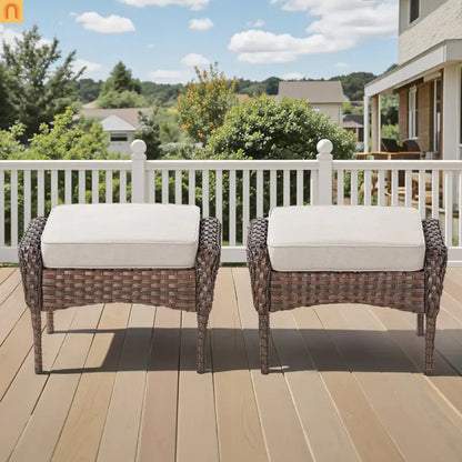 Outdoor Ottoman PE Wicker Steel Beige Cushion Set of 2