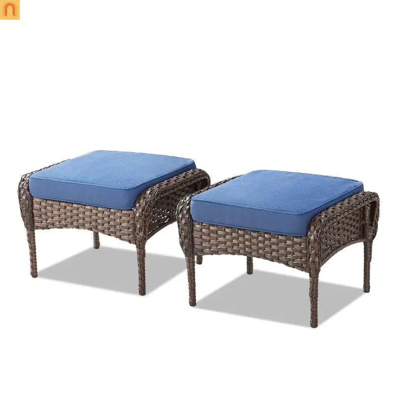 Outdoor Ottoman PE Wicker Brown Blue Cushion Set of 2 250 LB