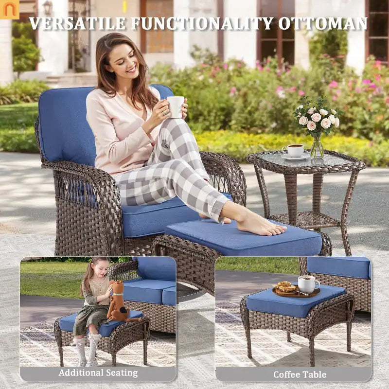 Outdoor Ottoman PE Wicker Brown Blue Cushion Set of 2 250 LB