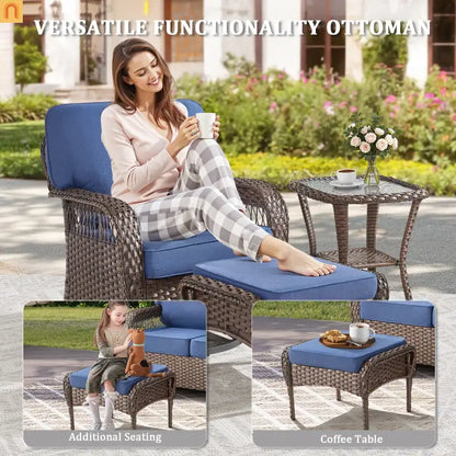 Outdoor Ottoman PE Wicker Brown Blue Cushion Set of 2 250 LB