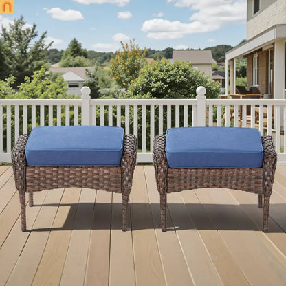 Outdoor Ottoman PE Wicker Brown Blue Cushion Set of 2 250 LB