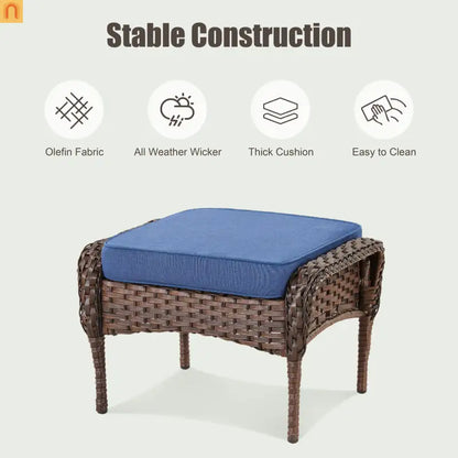 Outdoor Ottoman PE Wicker Brown Blue Cushion Set of 2 250 LB