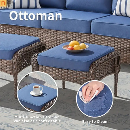 Outdoor Ottoman PE Wicker Brown Blue Cushion Set of 2 250 LB
