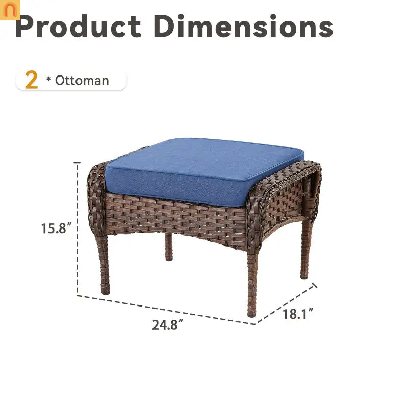 Outdoor Ottoman PE Wicker Brown Blue Cushion Set of 2 250 LB