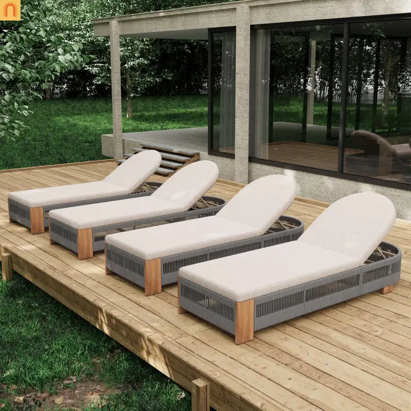 Outdoor Lounge Chair Set Acacia Wood Gray Rope 4 Piece 5 Position 800 LB