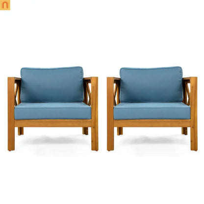 Outdoor Club Chair Set Acacia Wood Teak Blue Cushions Set of 4