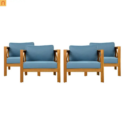 Outdoor Club Chair Set Acacia Wood Teak Blue Cushions Set of 4