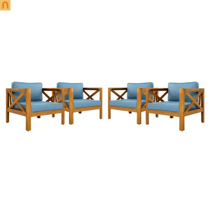 Outdoor Club Chair Set Acacia Wood Teak Blue Cushions Set of 4