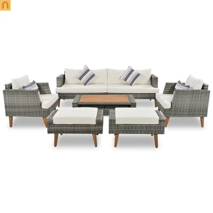 Outdoor Sofa Set PE Wicker Gray Beige 6 Piece Loveseat Ottoman