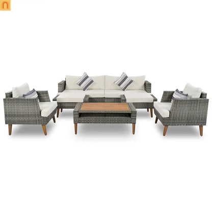 Outdoor Sofa Set PE Wicker Gray Beige 6 Piece Loveseat Ottoman