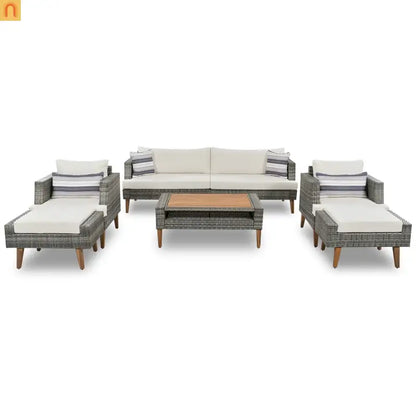 Outdoor Sofa Set PE Wicker Gray Beige 6 Piece Loveseat Ottoman