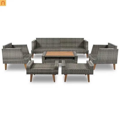 Outdoor Sofa Set PE Wicker Gray Beige 6 Piece Loveseat Ottoman