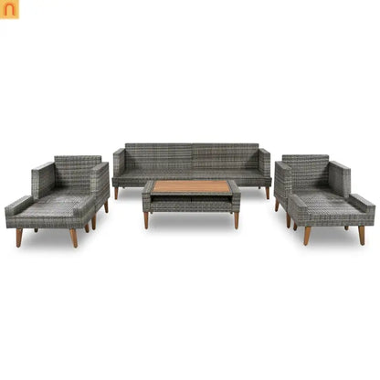 Outdoor Sofa Set PE Wicker Gray Beige 6 Piece Loveseat Ottoman