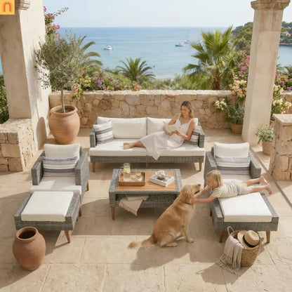 Outdoor Sofa Set PE Wicker Gray Beige 6 Piece Loveseat Ottoman