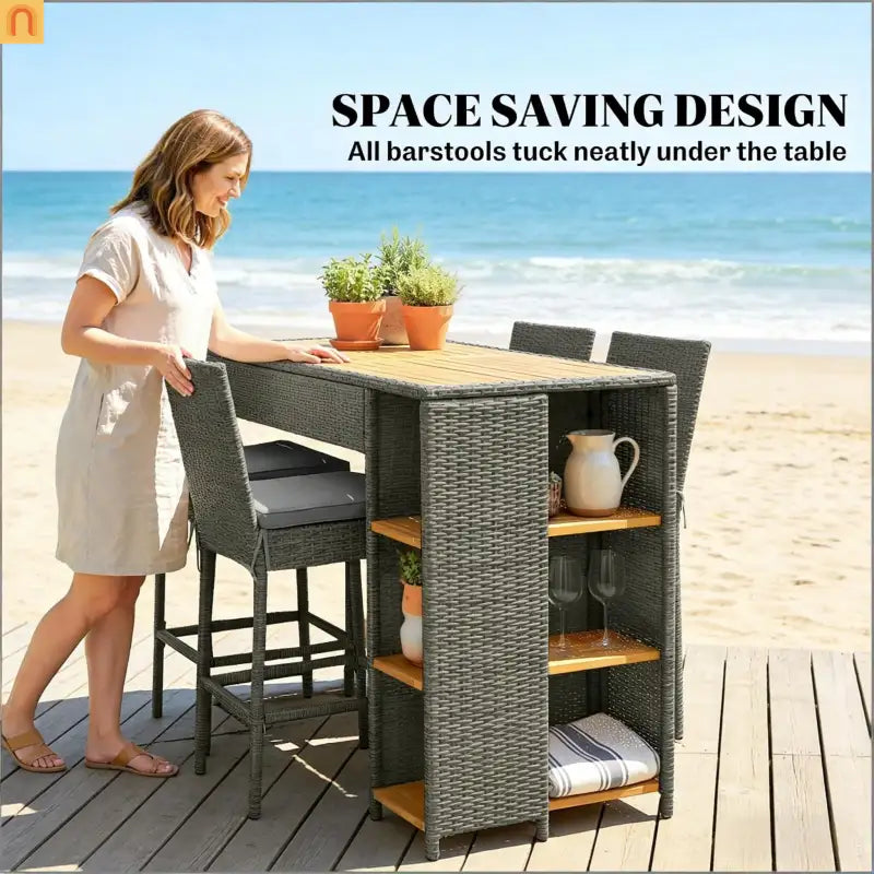 Outdoor Bar Set Acacia Wood PE Wicker Steel Gray 5 Piece