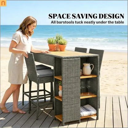 Outdoor Bar Set Acacia Wood PE Wicker Steel Gray 5 Piece