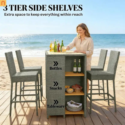 Outdoor Bar Set Acacia Wood PE Wicker Steel Gray 5 Piece