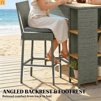 Outdoor Bar Set Acacia Wood PE Wicker Steel Gray 5 Piece