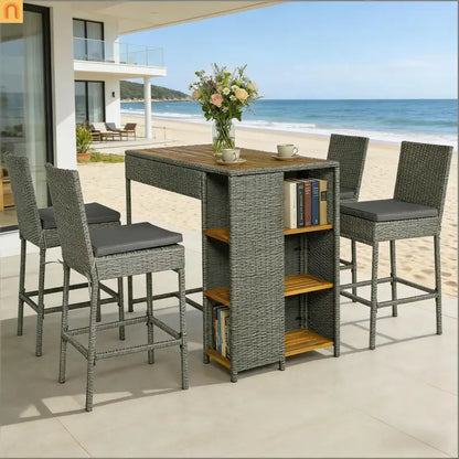 Outdoor Bar Set Acacia Wood PE Wicker Steel Gray 5 Piece