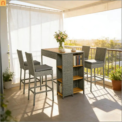 Outdoor Bar Set Acacia Wood PE Wicker Steel Gray 5 Piece