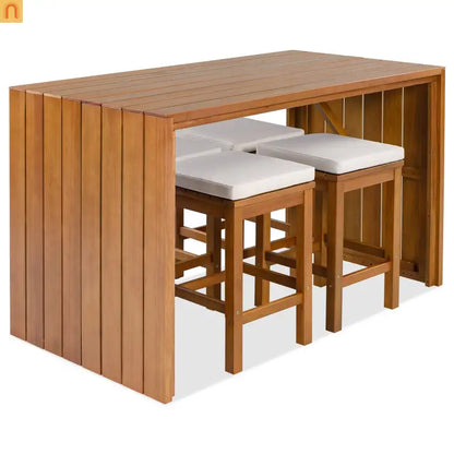 Outdoor Bar Set Acacia Wood Natural Beige Cushion 5 Piece Bar Stools