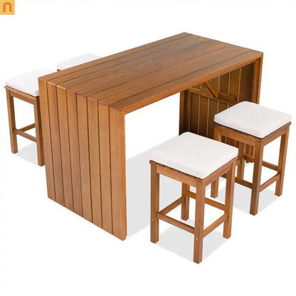 Outdoor Bar Set Acacia Wood Natural Beige Cushion 5 Piece Bar Stools