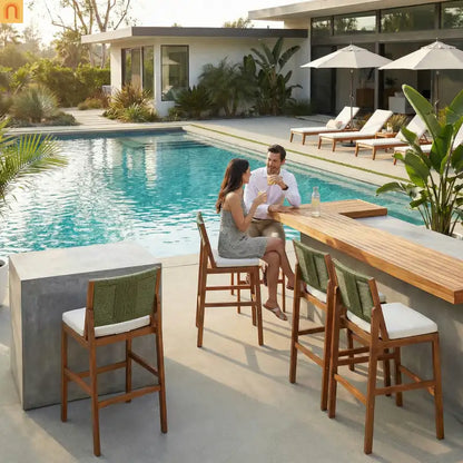 Outdoor Bar Stool Acacia Wood Wicker Green Cream Cushion Set of 4