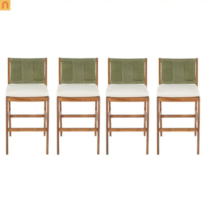Outdoor Bar Stool Acacia Wood Wicker Green Cream Cushion Set of 4