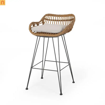 Outdoor Bar Stool Rattan Beige Cushion Metal Legs 38in Set of 2