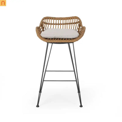 Outdoor Bar Stool Rattan Beige Cushion Metal Legs 38in Set of 2