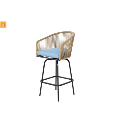Outdoor Bar Stool PE Rattan Steel Blue Armrest Backrest Set of 2