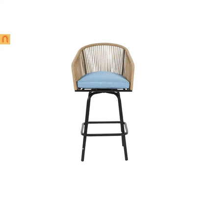 Outdoor Bar Stool PE Rattan Steel Blue Armrest Backrest Set of 2