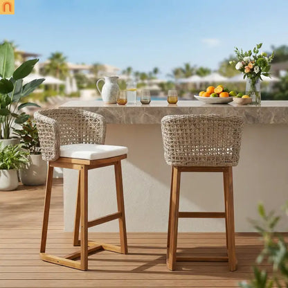 Outdoor Bar Stool Acacia Wood Wicker Back Teak Beige Cushion Set of 2