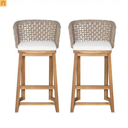 Outdoor Bar Stool Acacia Wood Wicker Back Teak Beige Cushion Set of 2