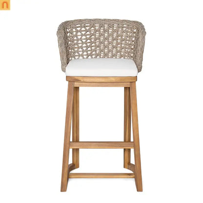 Outdoor Bar Stool Acacia Wood Wicker Back Teak Beige Cushion Set of 2