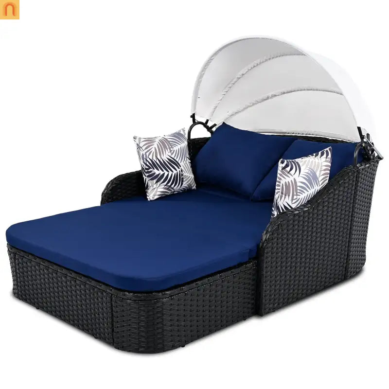 Outdoor Double Sun Lounge Bed PE Rattan Black Blue Canopy 500 lb Cap