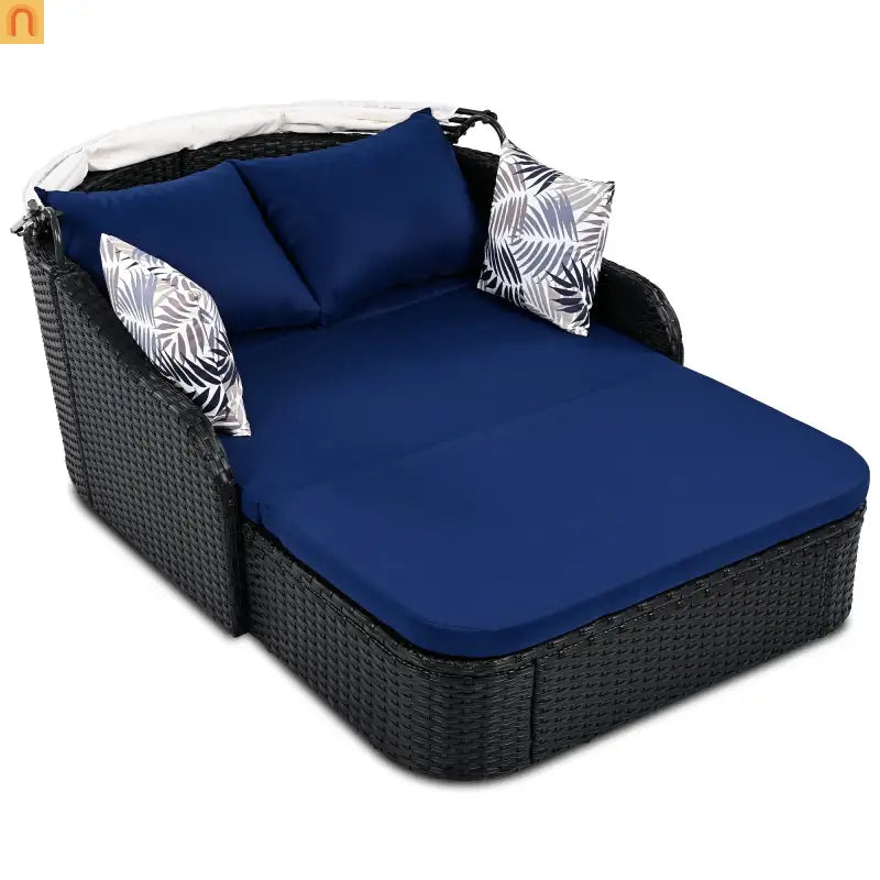 Outdoor Double Sun Lounge Bed PE Rattan Black Blue Canopy 500 lb Cap