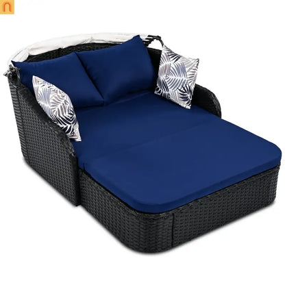 Outdoor Double Sun Lounge Bed PE Rattan Black Blue Canopy 500 lb Cap