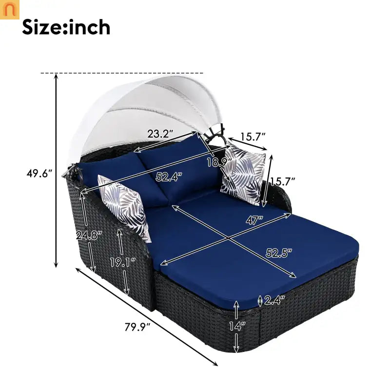 Outdoor Double Sun Lounge Bed PE Rattan Black Blue Canopy 500 lb Cap