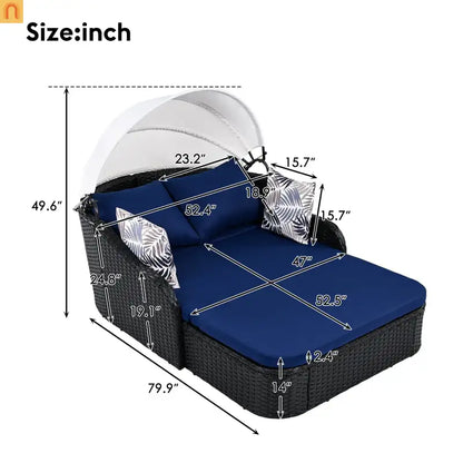 Outdoor Double Sun Lounge Bed PE Rattan Black Blue Canopy 500 lb Cap
