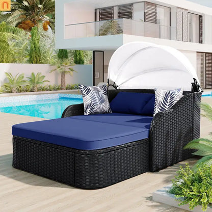 Outdoor Double Sun Lounge Bed PE Rattan Black Blue Canopy 500 lb Cap