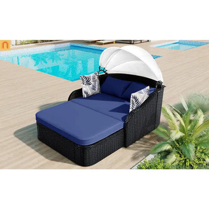 Outdoor Double Sun Lounge Bed PE Rattan Black Blue Canopy 500 lb Cap
