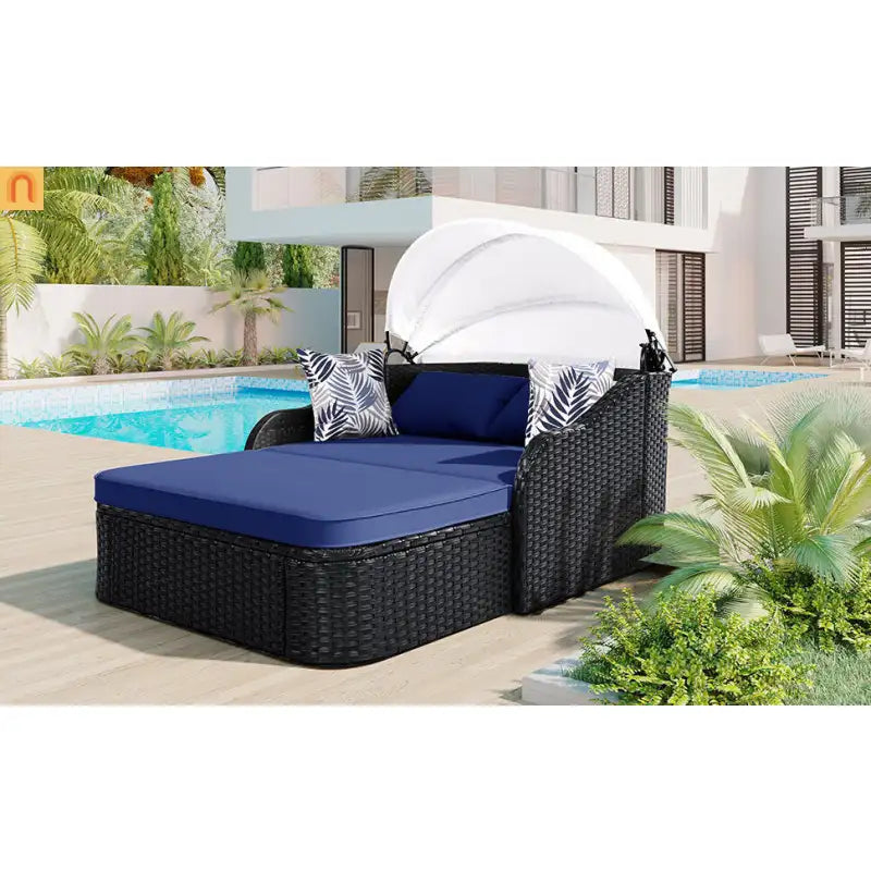 Outdoor Double Sun Lounge Bed PE Rattan Black Blue Canopy 500 lb Cap