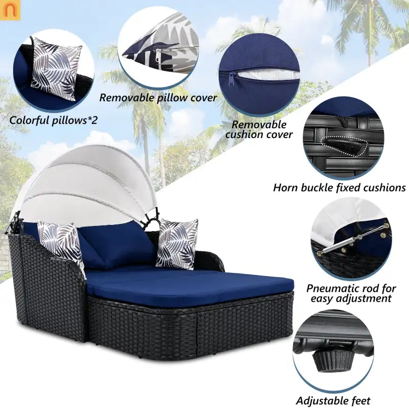 Outdoor Double Sun Lounge Bed PE Rattan Black Blue Canopy 500 lb Cap