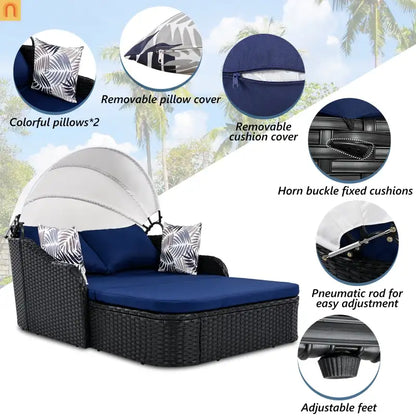 Outdoor Double Sun Lounge Bed PE Rattan Black Blue Canopy 500 lb Cap