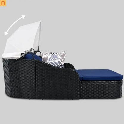 Outdoor Double Sun Lounge Bed PE Rattan Black Blue Canopy 500 lb Cap