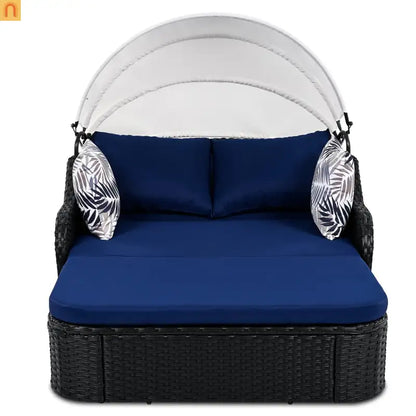 Outdoor Double Sun Lounge Bed PE Rattan Black Blue Canopy 500 lb Cap