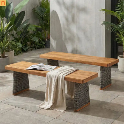 Outdoor Bench Acacia Wood Wicker Legs Teak Gray 57in Set of 2