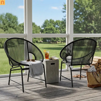 Outdoor Chair PE Rattan Iron Black Curved UV Resistant Set of 2